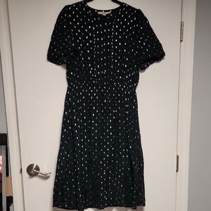 LOFT Metallic Clip Pintucked Flare Dress Green & Silver Size L